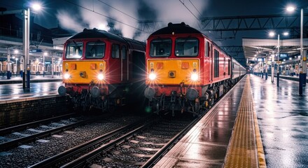 Obraz premium Two red & yellow train engines at a station platform illuminated at night