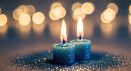 Two teal candles burning bright, bokeh background with glittery base