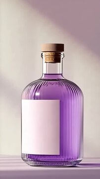 Rotating glass bottle with ribbed surface filled with purple liquid, cork stopper, and white label. Advertising perfume, serum, or elixir concepts.