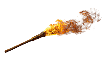 A wooden torch blazes with orange and yellow flames and wisps of smoke, held against a black backdrop