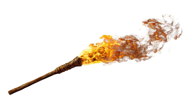 A wooden torch blazes with orange and yellow flames and wisps of smoke, held against a black backdrop