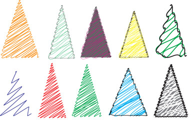 Ten hand drawn christmas trees in various colors and styles on a white background