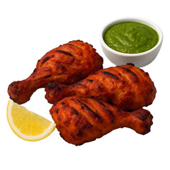 Tandoori chicken with lemon wedge and mint chutney on transparent background.