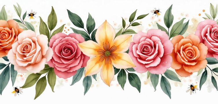 Watercolor art of flowers border with roses lilies and leaves. Floral bouquet illustration is ideal for card design invitation decor. Romantic spring theme perfect for gift. Bees fly over plants.