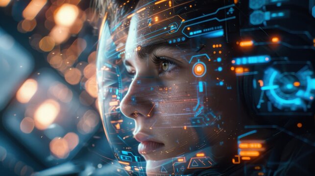 Digital Human Face with Cybernetic Overlay Futuristic Technology Concept