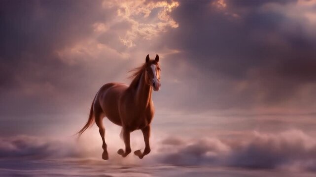 Majestic horse running through water under dramatic cloudy sky