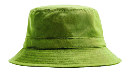 Fototapeta premium A vibrant green bucket hat with a wide brim, seen from a three-quarter front perspective
