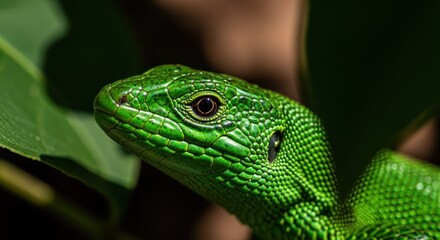 Obraz premium Vivid green lizard head shot, detailed skin, against leaves & dark background