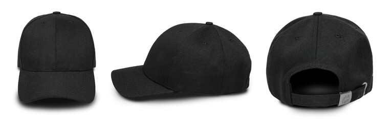 Black Baseball Cap Mockup – Front, Side, and Back View of Plain Cotton Hat Isolated on White Background