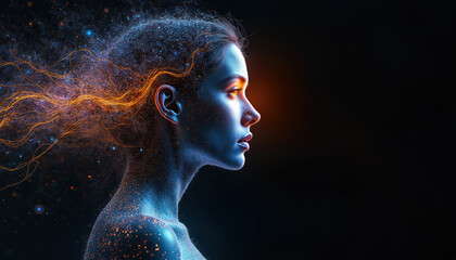 Naklejka premium Digital portrait of woman with glowing particles, network connections. Illustration future tech, AI, cyberspace, innovation. Concept of data flow, artificial intelligence, human mind in digital age.