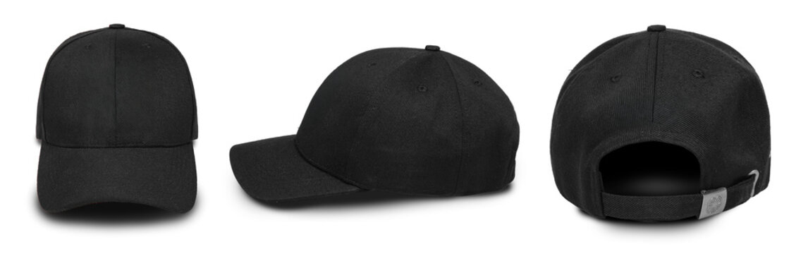 Black Baseball Cap Mockup &ndash; Front, Side, and Back View of Plain Cotton Hat Isolated on White Background