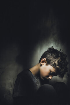 Sad boy sitting alone against wall