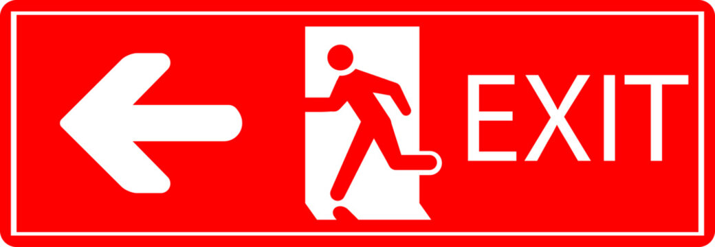 Emergency Exit Icon. Vector illustration of running man and exit door sign. Escape and evacuation symbol. Various exit sign isolated white background.Evacuation and relocation of people to safety.