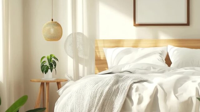  Cozy Scandinavian bedroom with wooden bed covered in white bedding and gray blanket. Plant on side table and woven lamp above create hygge rest space.