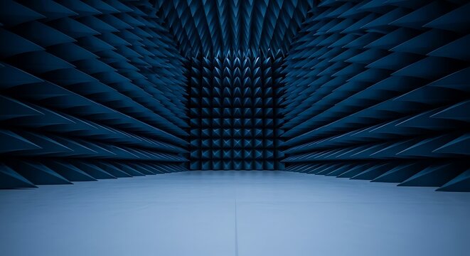 An anechoic chamber with a unique geometric pattern on the walls and ceiling for commercial usage and mockups