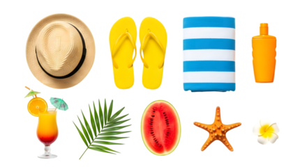 Summer vacation essentials laid out on a transparent background
