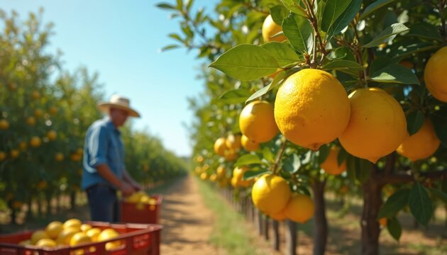 Farmer harvests ripe yellow lemons from trees in sunny orchard. Fresh citrus fruit grows on branches. Man collects organic produce in red crates under bright blue sky. Agriculture work highlights