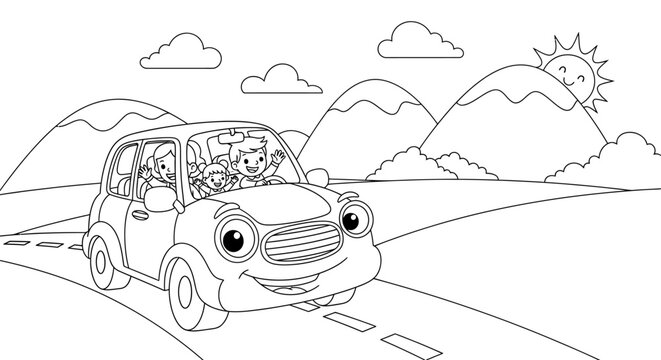 Cheerful Family Car on a Road Trip High Quality Line Art Kids Coloring Page