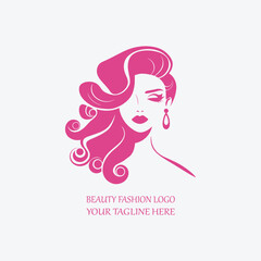 Stylish Beauty Fashion Logo with Elegant Woman Silhouette and Wavy Hair in Pink
