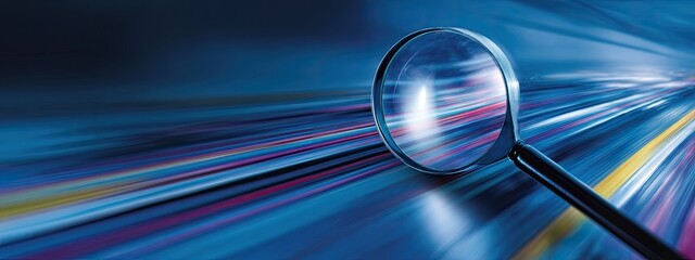 Magnifying glass over a dynamic background of blue, red, and yellow light trails