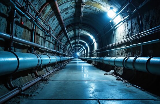 Long underground tunnel with blue lights leading far into distance. Many pipes, cables run along both walls of industrial corridor. Tech infrastructure transports gas, water, electricity. Modern