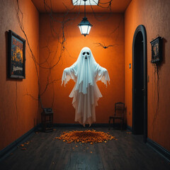 A ghost floats eerily in a minimal orange room, creating a stylish and spooky atmosphere perfect for a Halloween party invitation.