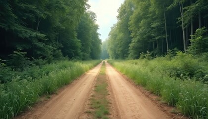 Obraz premium Empty dirt road leads through a dense green forest with tall trees on both sides. Rich grass grows along the unpaved track in bright daylight. This scene evokes a sense of adventure and journey.