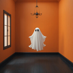 A ghost floats eerily in a minimal orange room, creating a stylish and spooky atmosphere perfect for a Halloween party invitation.