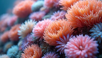 Fototapeta premium Close up of vibrant sea anemone colony with soft pastel hues. Underwater marine life with intricate textures and colors. Ocean floor details in shallow sea.