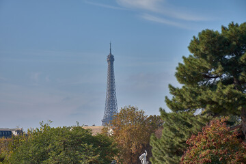 View of the Eiffel Tower in Paris, built for the 1889 World's Fair, framed by a blue sky