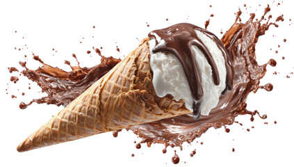 A scoop of vanilla ice cream with a chocolate drizzle in a waffle cone, with a chocolate splash
