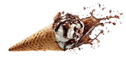 A waffle cone with vanilla ice cream, drizzled in chocolate with a splash effect on a dark background