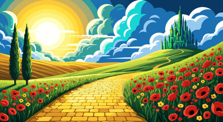 Stunning graphic illustration of a vibrant fantasy landscape journey, featuring a golden pathway winding through lush poppy meadows towards a distant emerald-hued city under a brilliant sunny sky