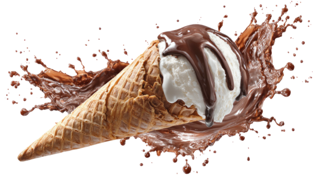 A scoop of vanilla ice cream with a chocolate drizzle in a waffle cone, with a chocolate splash