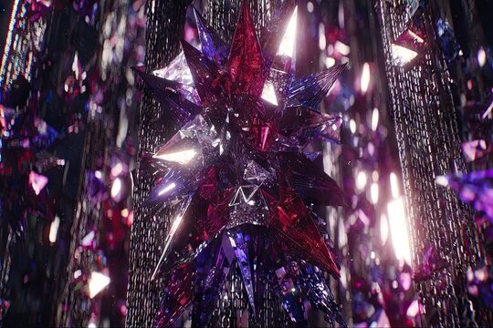 Spiked gem with red, purple, and silvery hues in a crystal cave