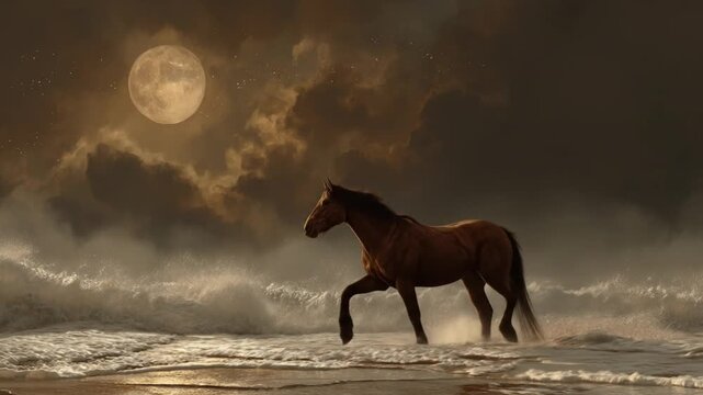 Horse running on a beach under a full moon in a dramatic evening scene