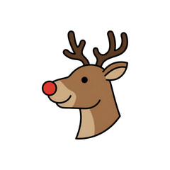 Fototapeta premium Cute cartoon reindeer head with brown fur, antlers, and a bright red nose, isolated on a white background, perfect for Christmas and winter holiday designs, children's books