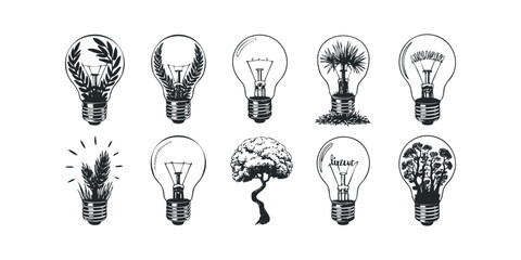Set of diverse light bulb icons with natural elements
