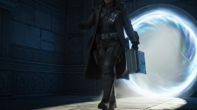 Man with Briefcase Walking Through Portal in Futuristic Setting.