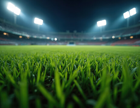 Fototapeta Vibrant close up of fresh green grass on stadium sport field at night. Bright stadium lights powerfully illuminate pristine playing turf. Empty arena stands ready for big game, major athletic