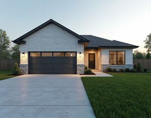 Obraz premium Modern single-story brick house features a manicured lawn, wide concrete driveway, and elegant stone accents. The clean, contemporary design includes a dark garage door and warm exterior lighting.