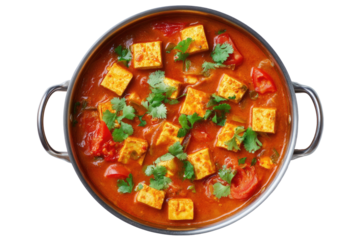 Overhead shot of a vibrant, spiced Indian curry with tofu cubes and tomatoes in a metal pot