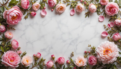 Flat lay floral border with peonies and rose petals, elegant background for text"
