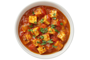 Top-down view of a white bowl filled with creamy, red curry and large, cubed cheese