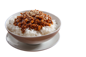 A bowl of cooked white rice topped with a savory meat and bean sauce