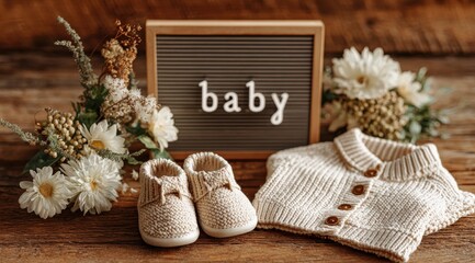 Arrival Announcement: An intimate composition, celebrating new life with delicate flowers, knitted clothing, and adorable baby shoes, all artfully arranged to announce a joyous arrival. Generative Ai