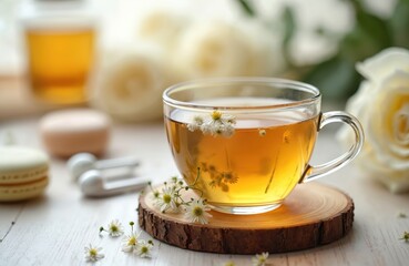Fototapeta premium Hot herbal tea steeps in glass cup with small white flowers. Headphones and macarons nearby suggest relaxing music and sweet treat for calm mindful break.