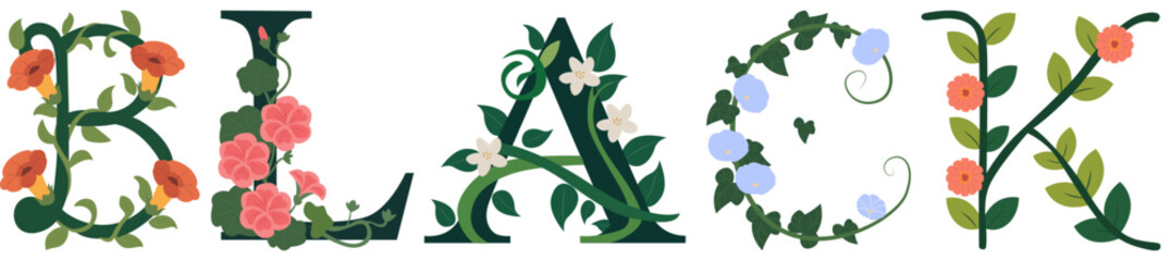 BLACK, Botanical Letter Decorative Typography