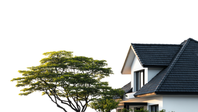 A house's roof and a leafy tree against a dark backdrop