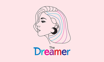 A woman with long hair style and a colorful ribbon is shown in a light pink background